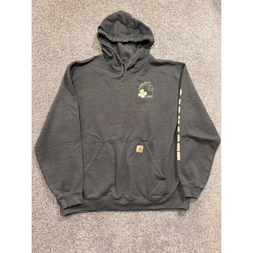 Carhartt Hoodie Mens 2XL Gray Clover Graphic Loose Fit Sleeve Logo Sweatshirt